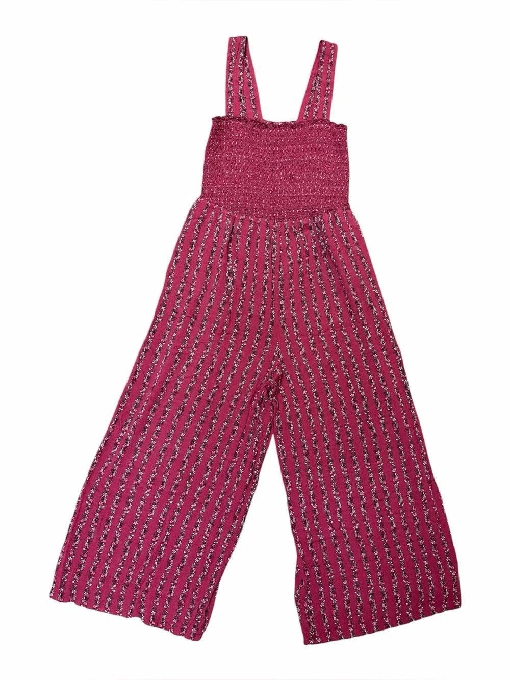 LOFT Floral Smocked Wide Leg Jumpsuit Burgundy Rayon Boho Size Small